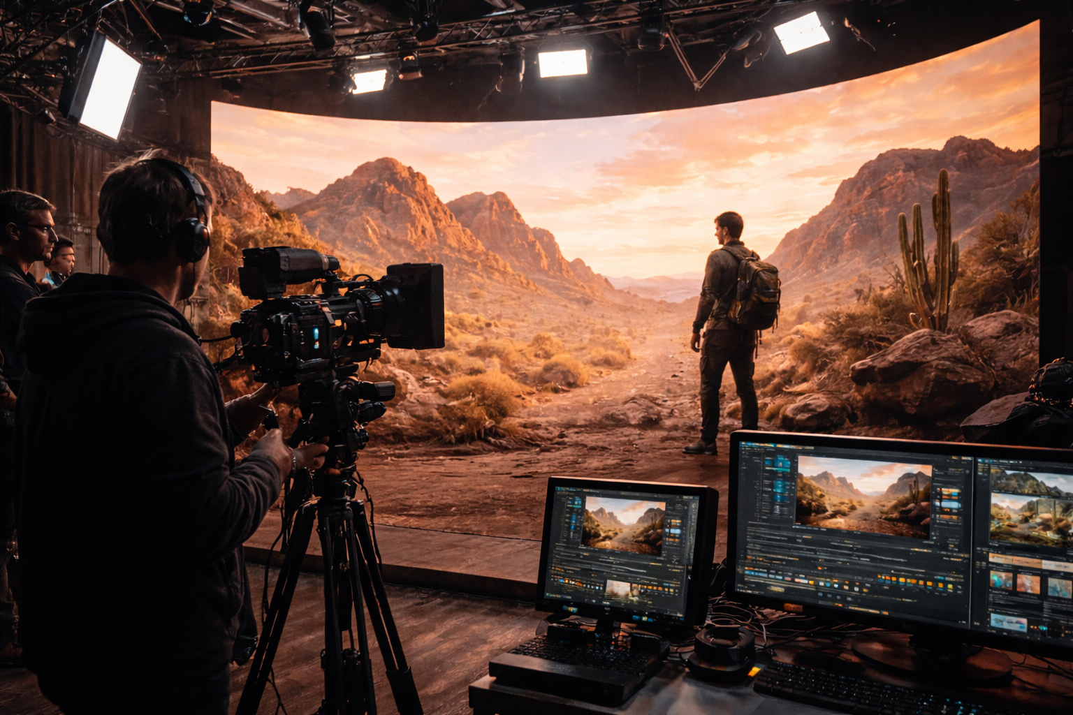 LED volume stage with virtual environment displayed