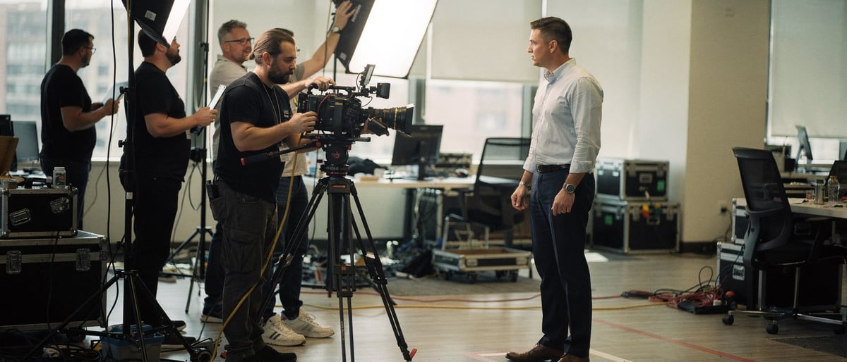 A film crew resetting lights and a tripod-mounted camera between takes as a presenter waits on a marked spot in a production space