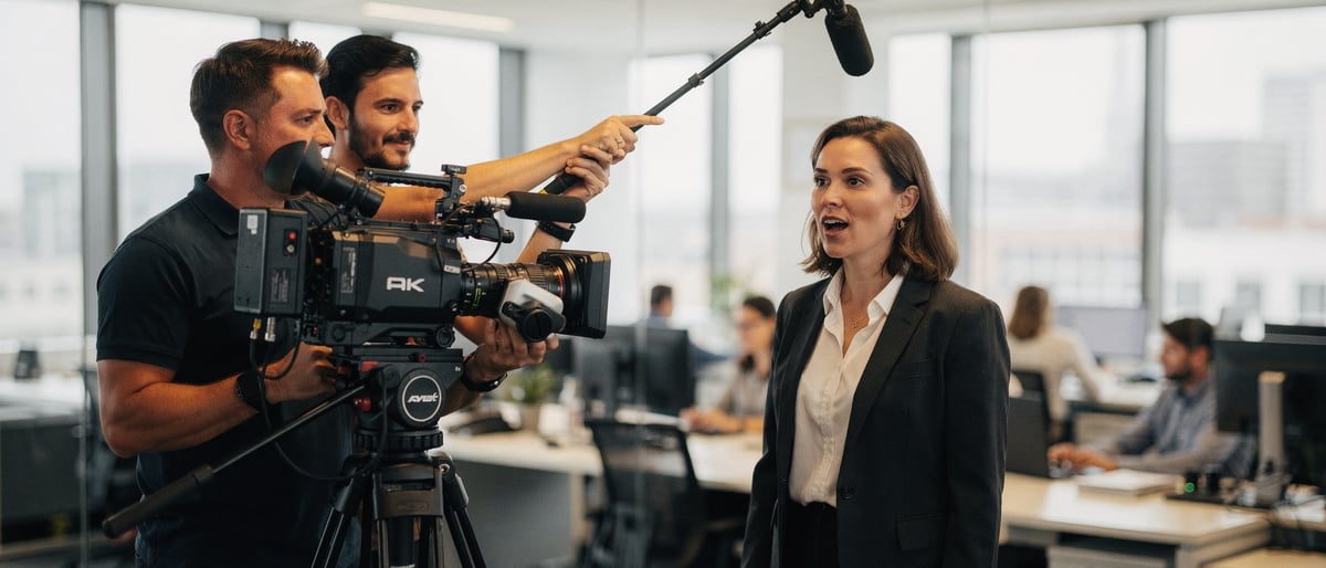 A corporate film crew shooting a workplace training video in a bright modern office, with a camera operator and sound recordist filming a presenter mid-sentence