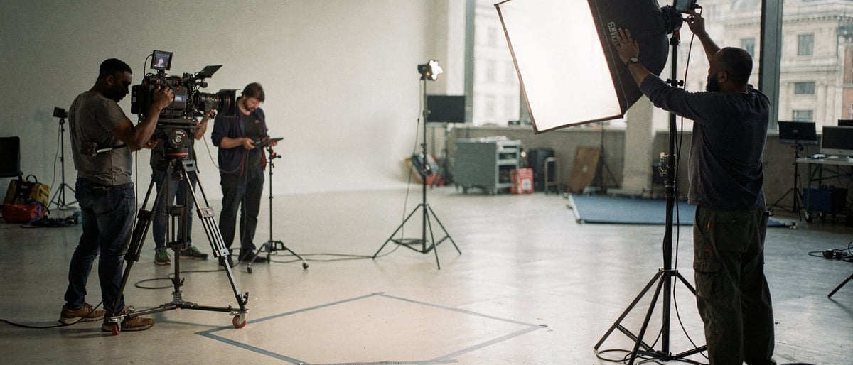 A film crew sets up cameras, tripods and lighting around a presenter's mark on a London studio floor as a technician adjusts a softbox