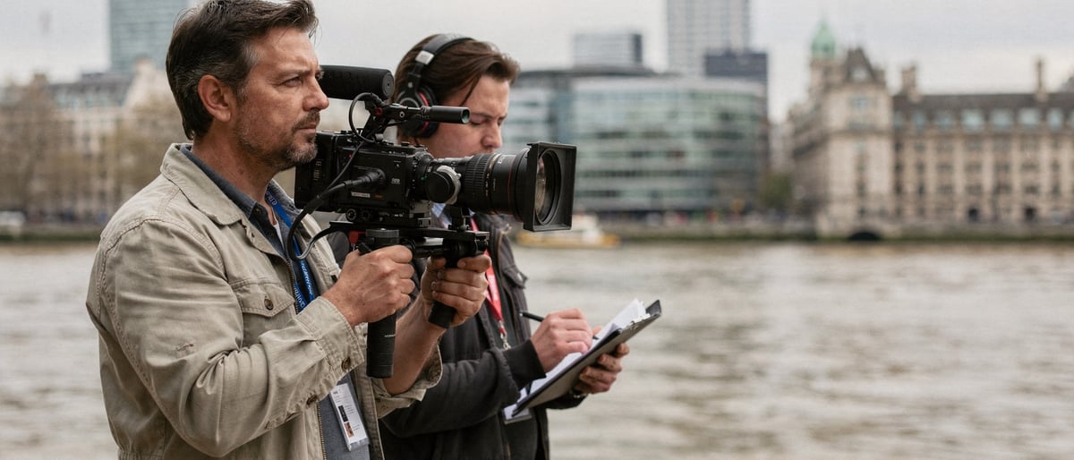 A two-person film crew filming on the South Bank by the River Thames, with the London skyline behind them