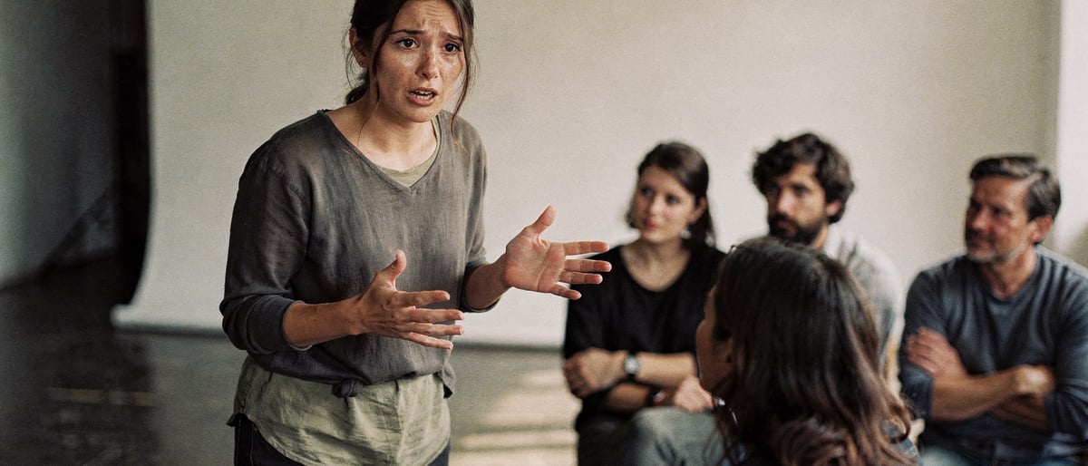 A woman speaking and gesturing to a small seated audience on a studio floor