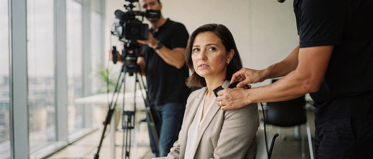 A film crew sets up a client testimonial interview in a bright office, a sound recordist clips a lapel mic onto a seated businesswoman while a camera operator frames the shot