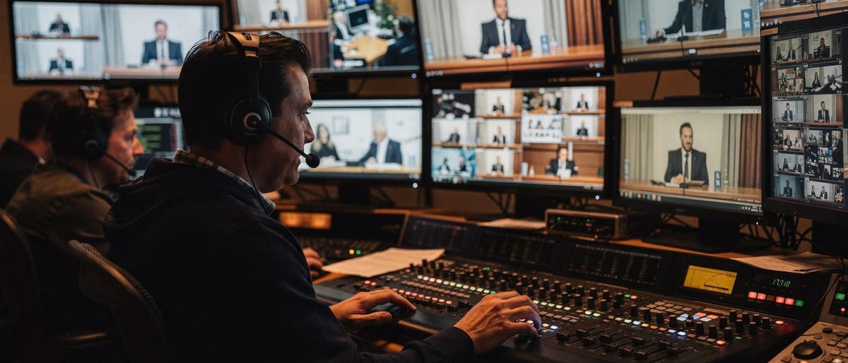 Production team in a dim control gallery watching a live multi-camera panel discussion on the monitor wall as a vision mixer cuts between speakers at the desk