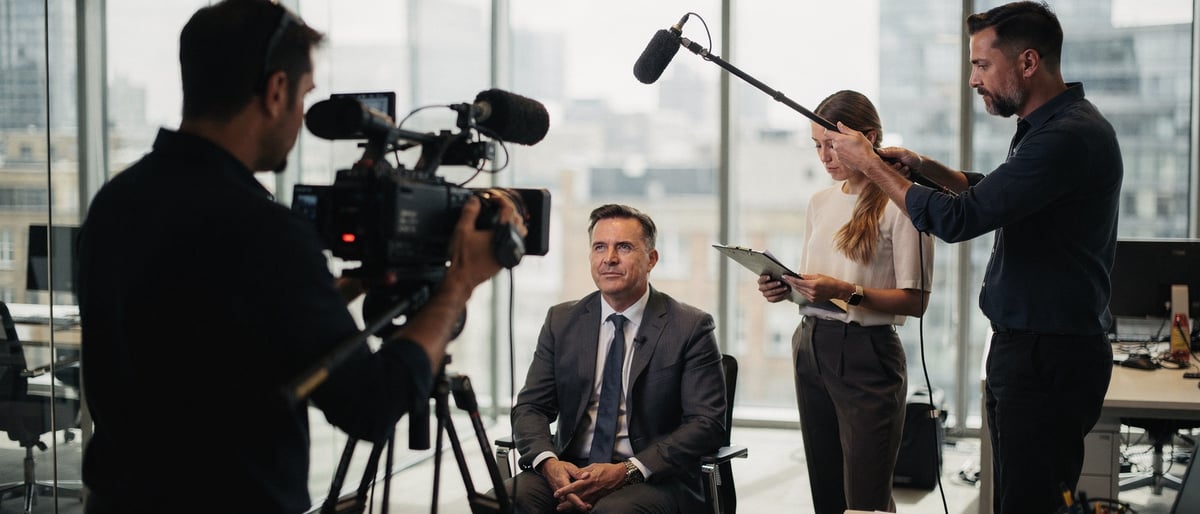A film crew recording a corporate interview in a bright London office, with a camera operator filming a seated executive while a sound recordist holds a boom microphone