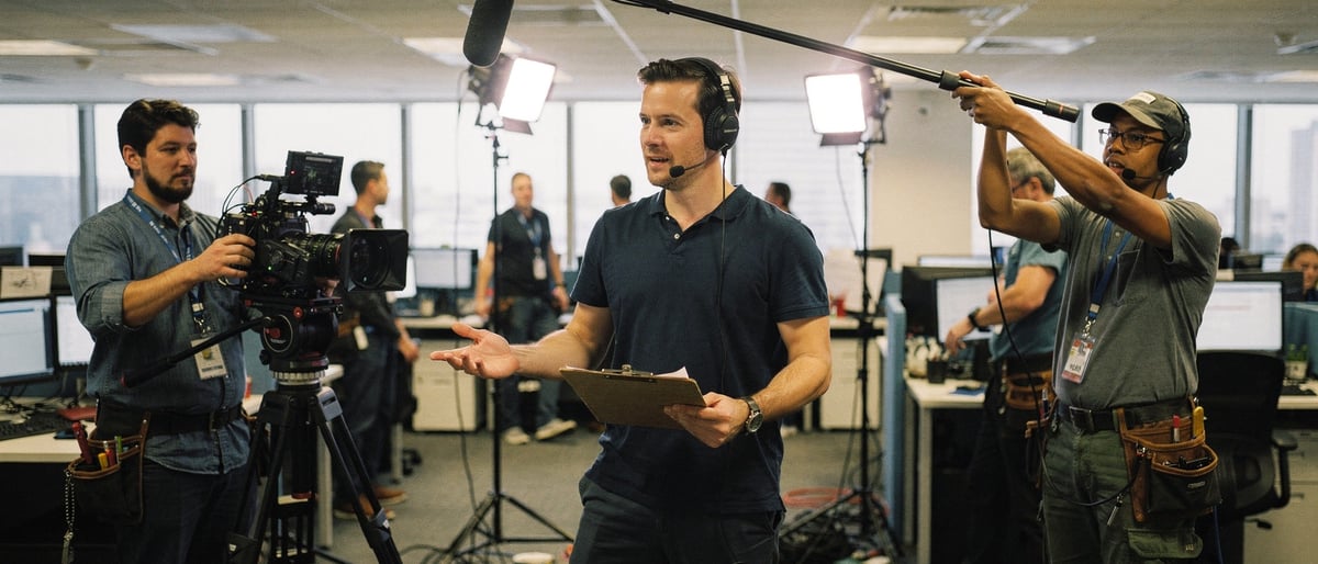 A producer in a headset directs a film crew during a busy corporate location shoot, gesturing to a camera operator as a colleague adjusts a boom microphone