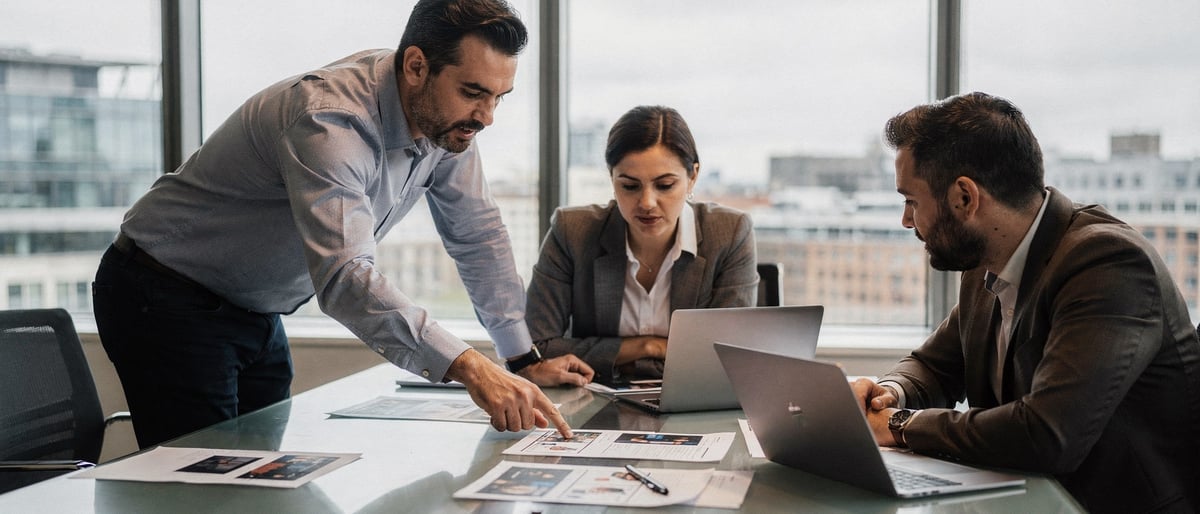 A video producer leans over a boardroom table going through a printed budget and storyboard with three colleagues in a bright modern office