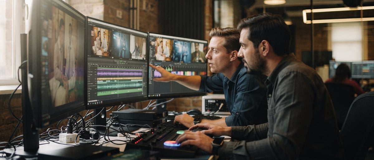Two video editors reviewing colour-graded footage across several monitors in a London post-production edit suite