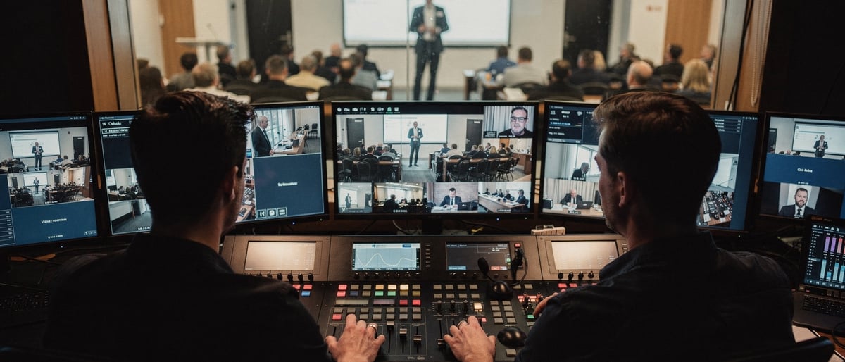 Two production crew at a vision-mixing desk in a control gallery run a hybrid conference, watching live feeds on the monitors while a presenter speaks to the room beyond the glass