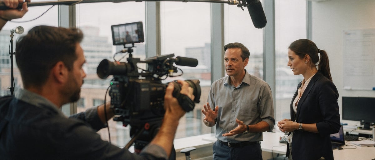 A camera operator films two people during a corporate video shoot in a bright London office, with a boom microphone overhead and the city skyline visible through the windows