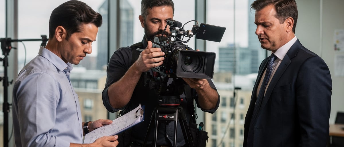 A small film crew on a corporate shoot in a London office, the camera operator checking a shot while a producer reviews a clipboard