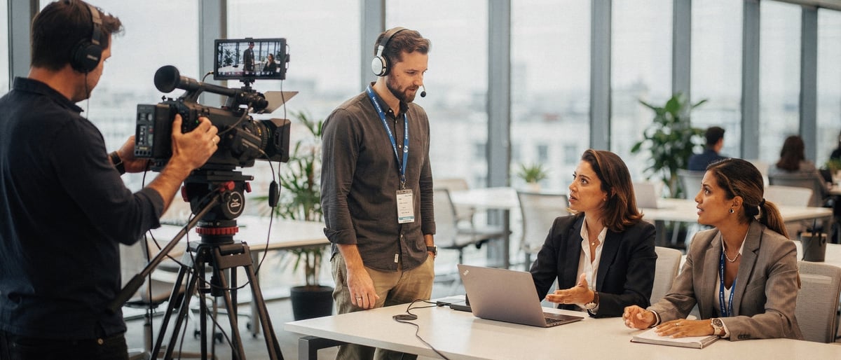 A film crew records a corporate brand video in a bright modern London office, with a camera operator at a cinema camera while a producer checks the monitor