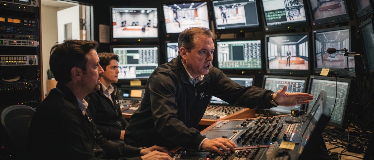 A television director leans over a vision-mixing desk in a control gallery, talking a production crew through cues during a technical rehearsal while two operators watch the preview monitors