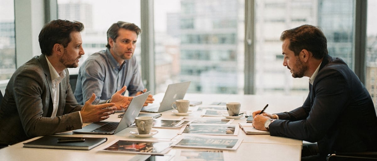 Two production company executives showing their showreel and past work to a prospective buyer across a meeting room table in a bright London office