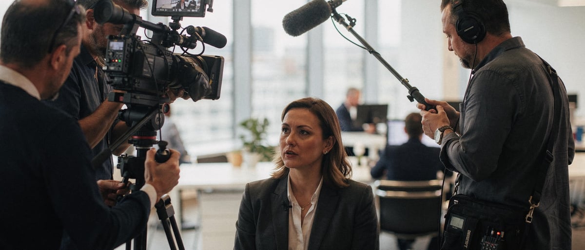 A film crew filming a businesswoman being interviewed in a bright modern London office, with a camera operator, a boom mic and a producer watching a monitor