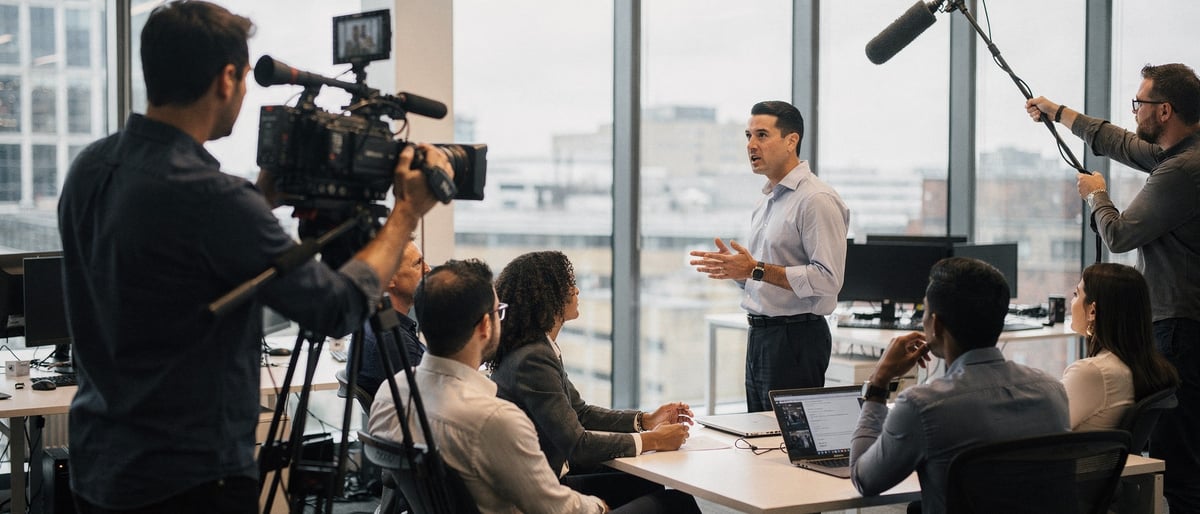 A film crew records a presenter delivering a training session to staff in a bright modern office, with a camera operator and a colleague holding a boom microphone