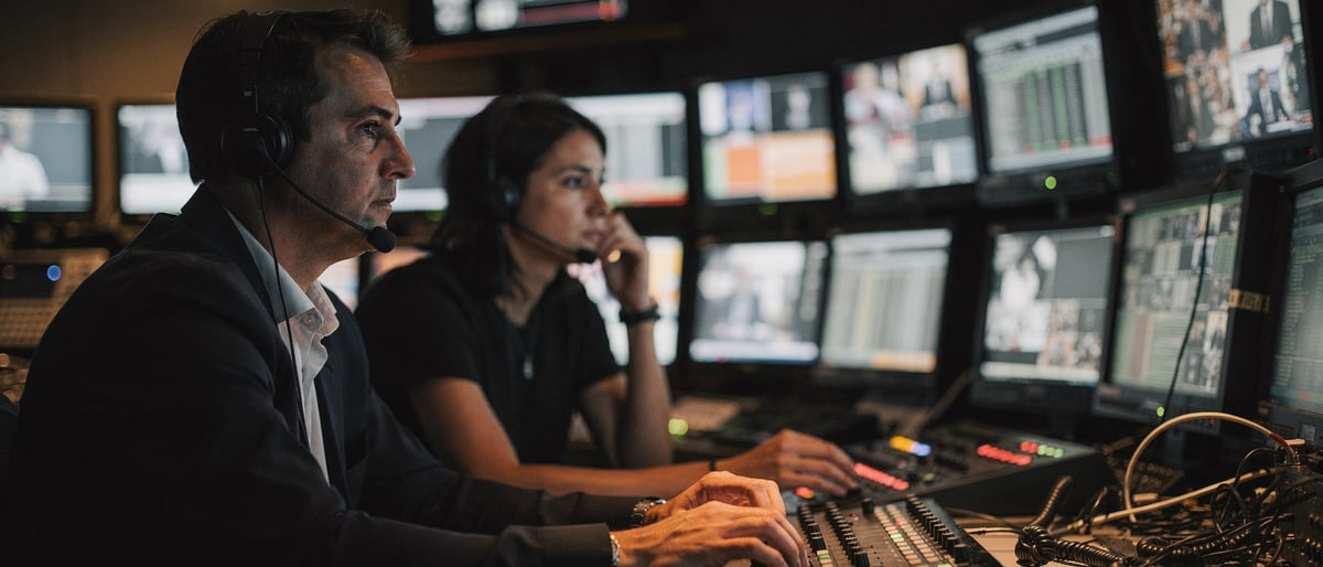 A broadcast director and vision mixer watching a bank of preview monitors in a dim television control gallery during a live show