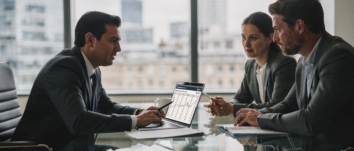 A chief financial officer reviews brand film budget figures on a laptop with two colleagues across a boardroom table