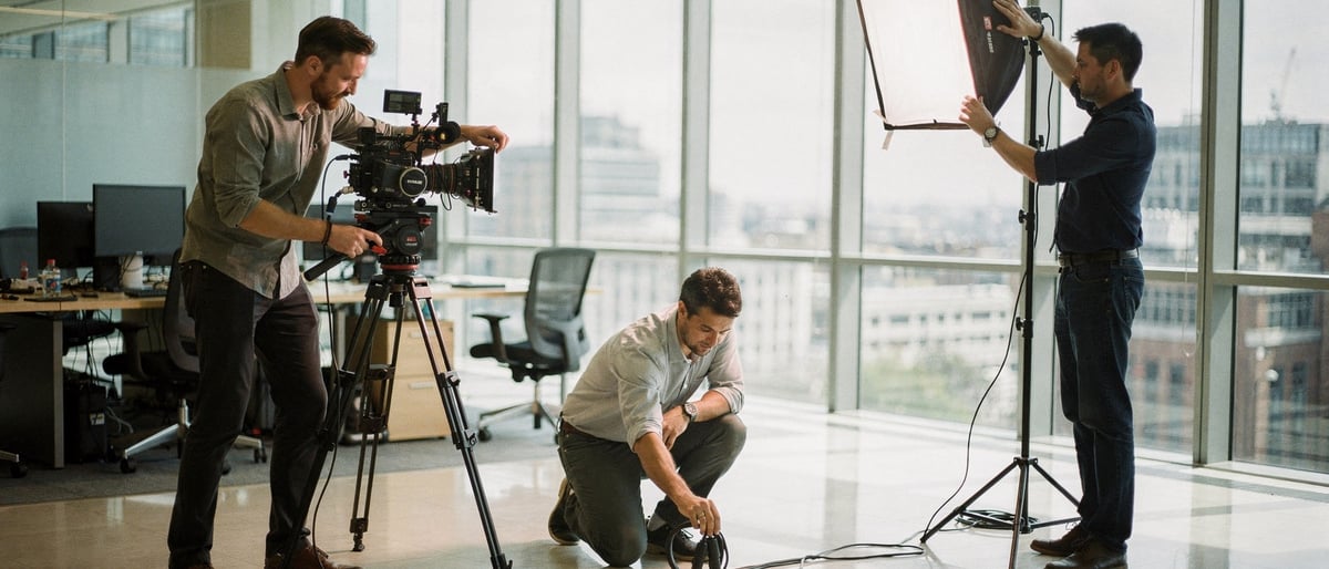 A small film crew setting up a cinema camera, lighting and cabling in a bright London office before a shoot