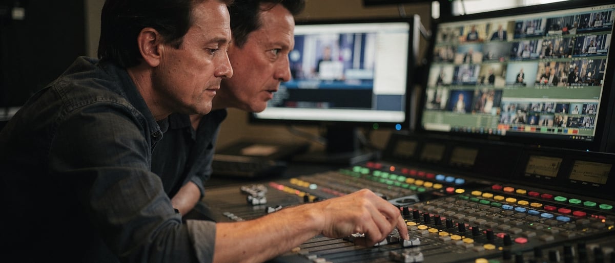 Two broadcast operators at a control gallery desk comparing a live programme feed across vision-mixing panels and monitors