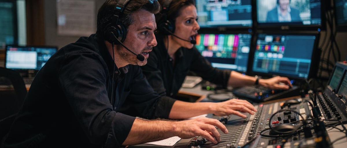 A broadcast director and vision mixer at a control gallery desk watching a wall of monitors during a live show