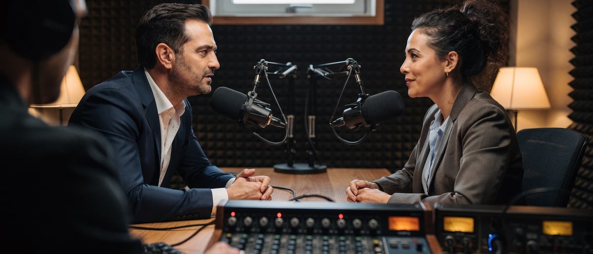 Two colleagues being recorded for an interview in a sound-treated booth with studio microphones on boom arms while an audio engineer adjusts a mixing console