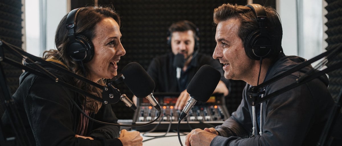 Two podcast presenters in headphones talking into microphones in a recording booth while a producer adjusts levels nearby