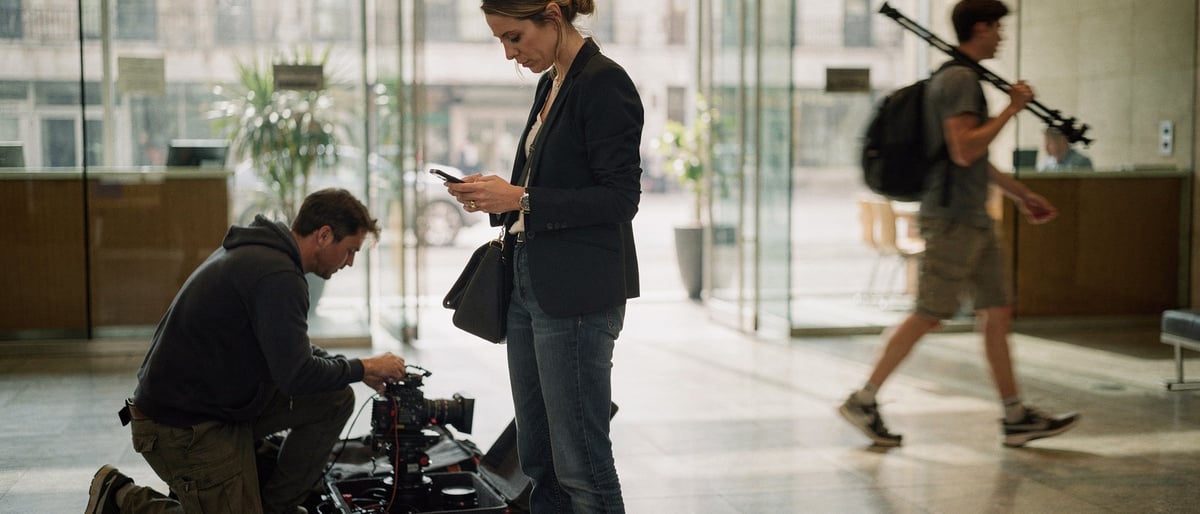 A film crew arriving in a hurry at a London office lobby, a producer checking her phone while a camera operator unpacks gear and a runner carries a tripod past reception