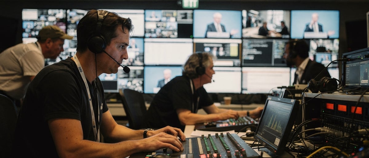 A production team in a control gallery watching a live keynote on a wall of monitors while an operator works a vision-mixing desk