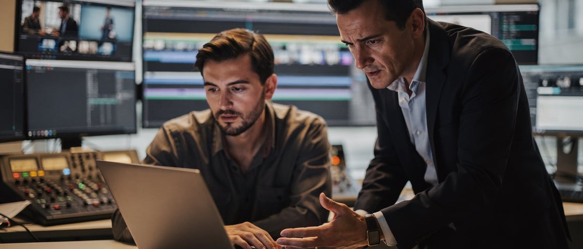 A video editor and a business client review footage together on a laptop in a busy edit suite, monitors glowing behind them