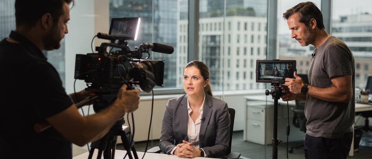 A film crew on a corporate video shoot in a modern London office, a camera operator framing a shot on a cinema camera beside a single lit interview setup while a director checks the composition on a monitor