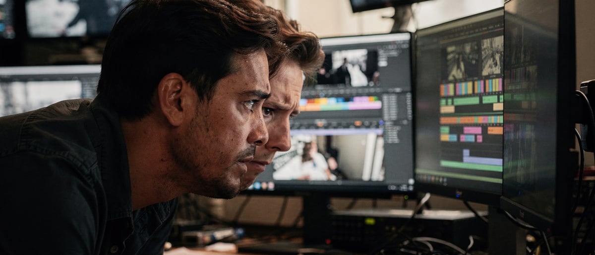 Two men lean in close to study editing software on dual monitors in a dim edit suite, frowning at the footage
