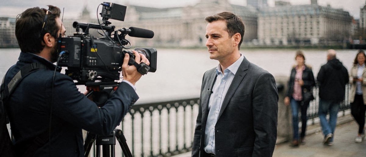 A camera operator films a presenter in a grey suit on the South Bank promenade beside the Thames, with the London skyline and people walking behind