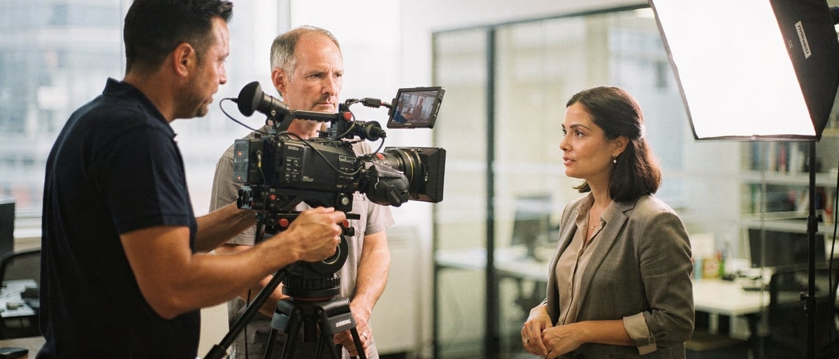 A film crew on a corporate shoot in a bright London office, a camera operator framing a shot on a cinema camera while a director checks the composition and a presenter stands under a softbox light