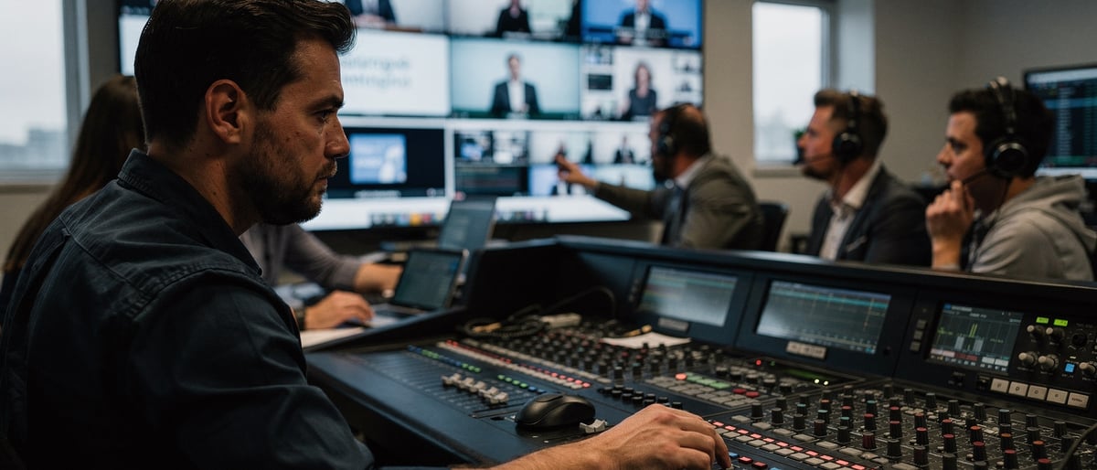 A production team in a broadcast control gallery watching a presenter on the monitor wall and adjusting the live shot at the vision-mixing desk during a webinar