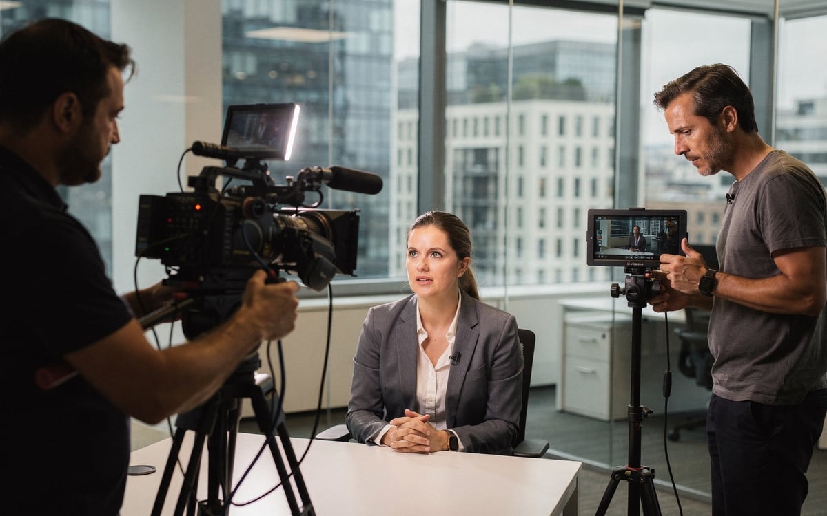 A film crew on a corporate video shoot in a modern London office, a camera operator framing a shot on a cinema camera beside a single lit interview setup while a director checks the composition on a monitor