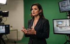 Sound engineer monitoring audio levels during corporate interview in green-screen studio setup