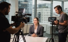A film crew on a corporate video shoot in a modern London office, a camera operator framing a shot on a cinema camera beside a single lit interview setup while a director checks the composition on a monitor