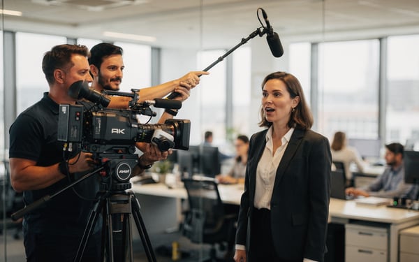 A corporate film crew shooting a workplace training video in a bright modern office, with a camera operator and sound recordist filming a presenter mid-sentence