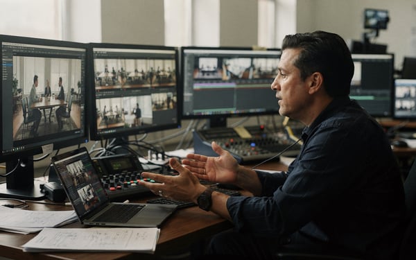 A trainer leading an engaged corporate training session being filmed in a modern office