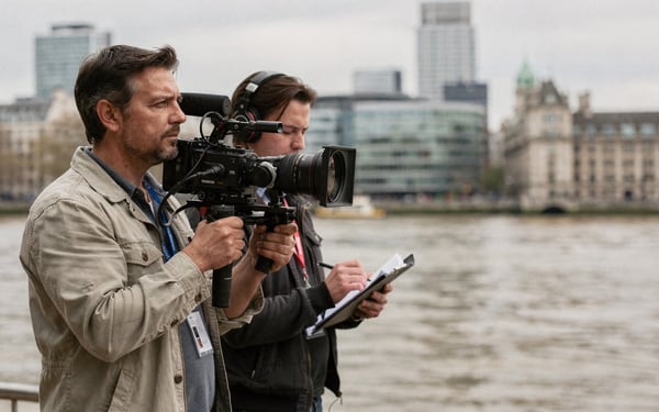 A two-person film crew filming on the South Bank by the River Thames, with the London skyline behind them