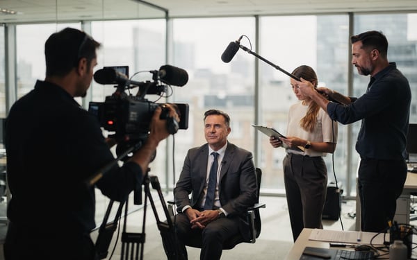 A film crew recording a corporate interview in a bright London office, with a camera operator filming a seated executive while a sound recordist holds a boom microphone