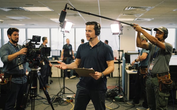 A producer in a headset directs a film crew during a busy corporate location shoot, gesturing to a camera operator as a colleague adjusts a boom microphone