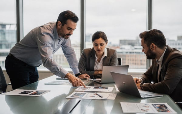 A video producer leans over a boardroom table going through a printed budget and storyboard with three colleagues in a bright modern office