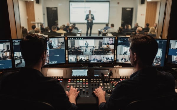 Two production crew at a vision-mixing desk in a control gallery run a hybrid conference, watching live feeds on the monitors while a presenter speaks to the room beyond the glass