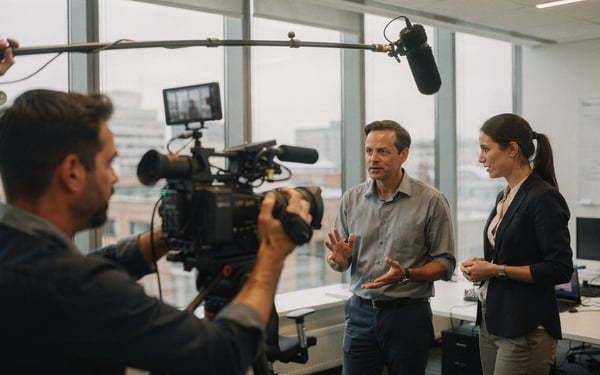 A camera operator films two people during a corporate video shoot in a bright London office, with a boom microphone overhead and the city skyline visible through the windows