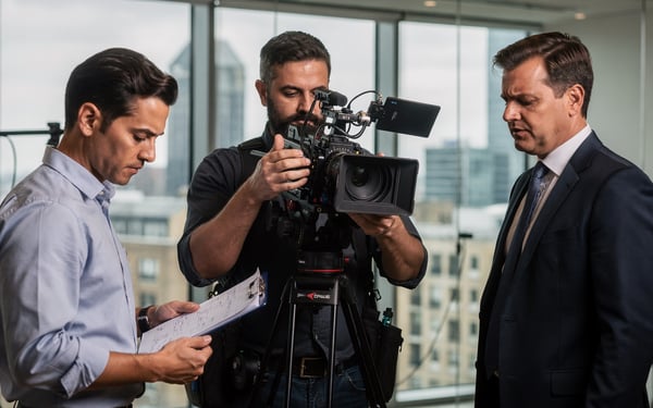 A small film crew on a corporate shoot in a London office, the camera operator checking a shot while a producer reviews a clipboard
