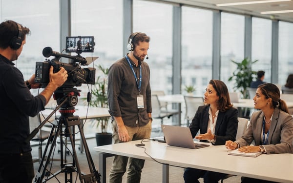 A film crew records a corporate brand video in a bright modern London office, with a camera operator at a cinema camera while a producer checks the monitor