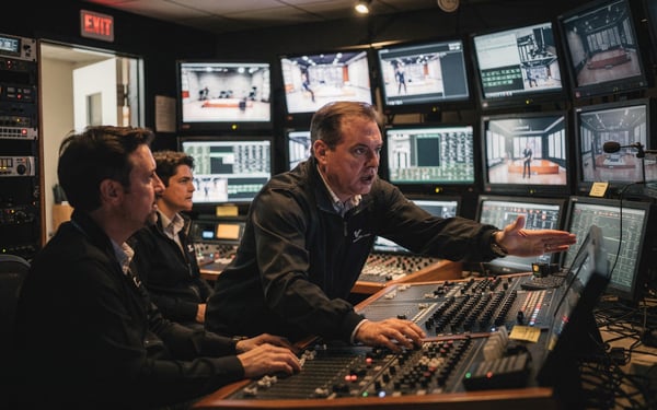 A television director leans over a vision-mixing desk in a control gallery, talking a production crew through cues during a technical rehearsal while two operators watch the preview monitors