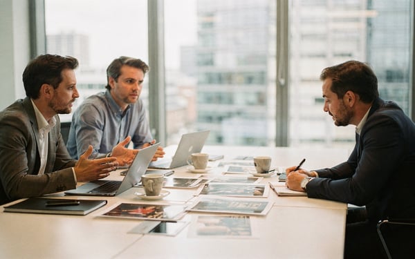 Two production company executives showing their showreel and past work to a prospective buyer across a meeting room table in a bright London office